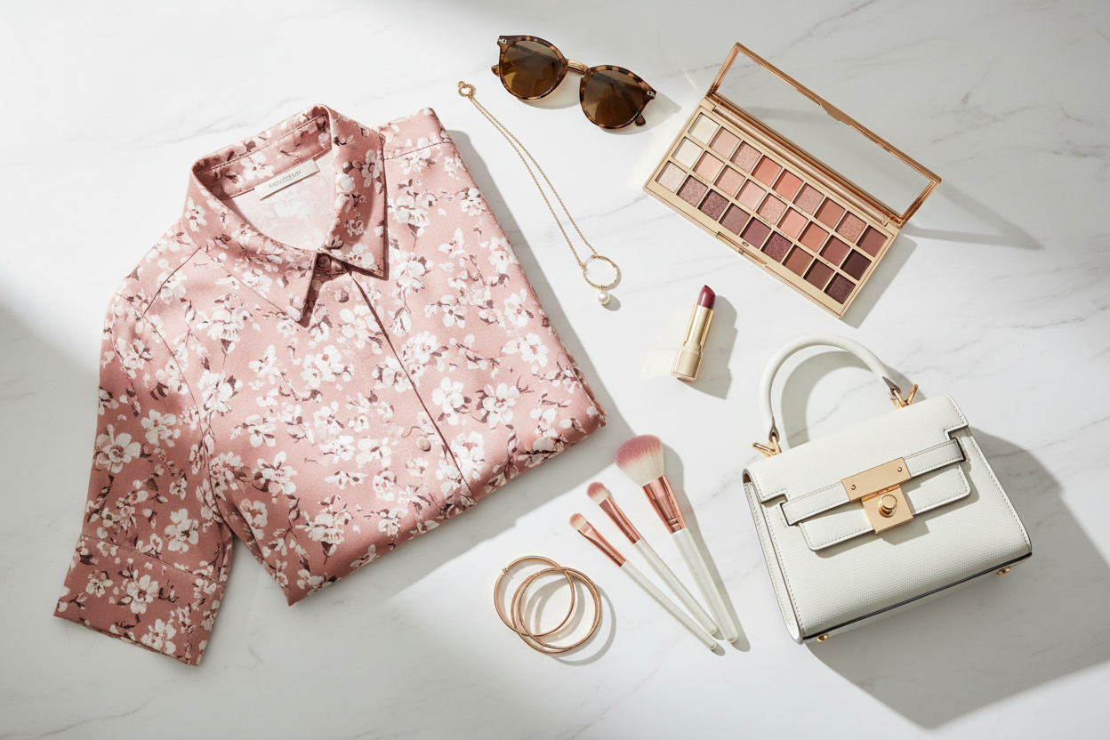 generate image cosmetics and women clothing 